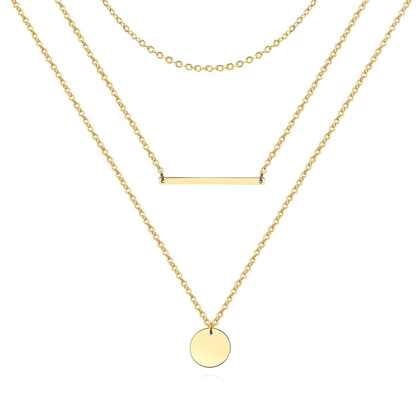 18K Gold-Plated Stainless Steel Multi-Layer Bar and Disc Necklace