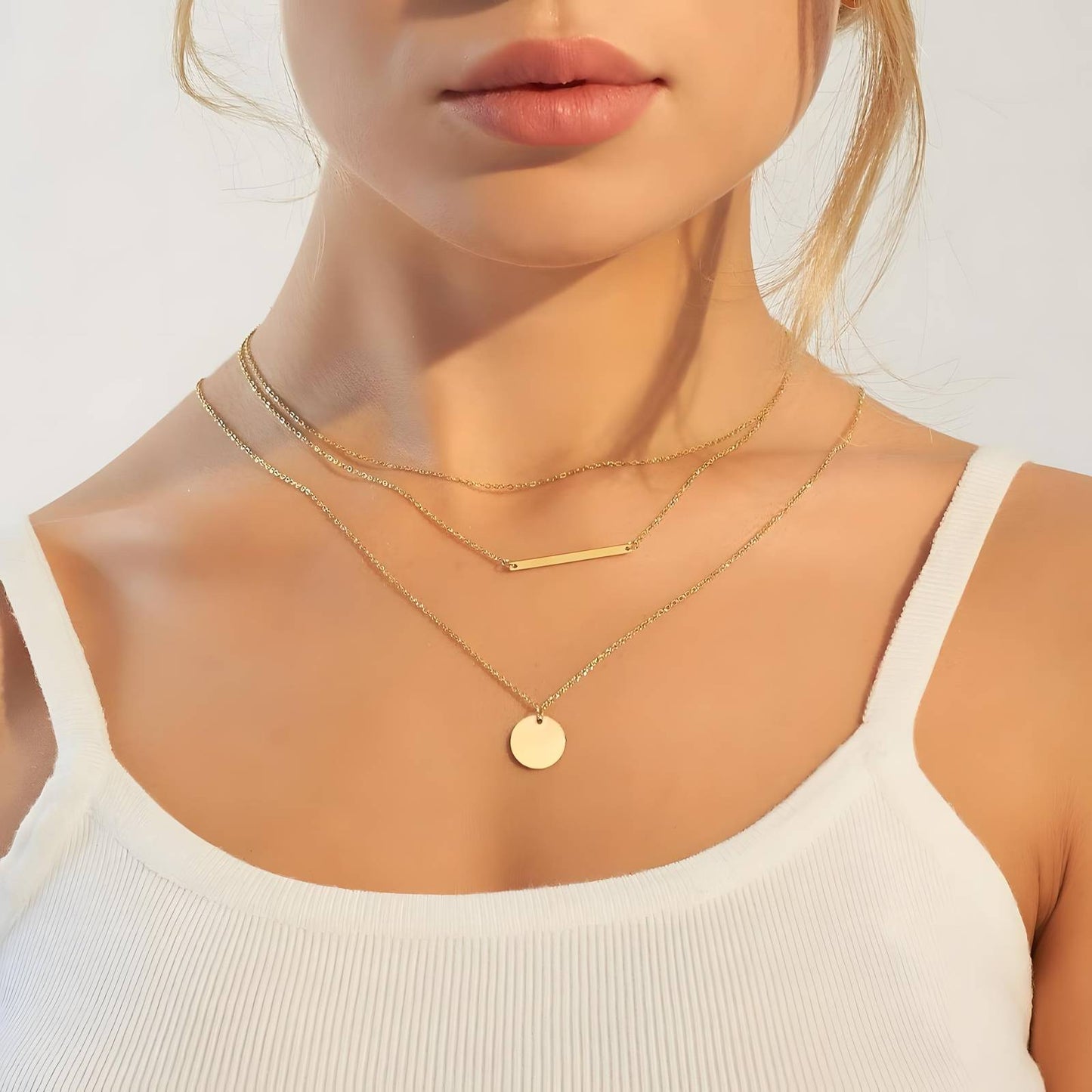 18K Gold-Plated Stainless Steel Multi-Layer Bar and Disc Necklace