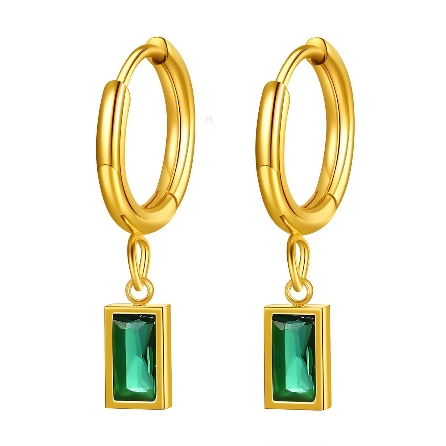 18K Gold-Plated Stainless Steel Emerald Green Baguette Cubic Earrings