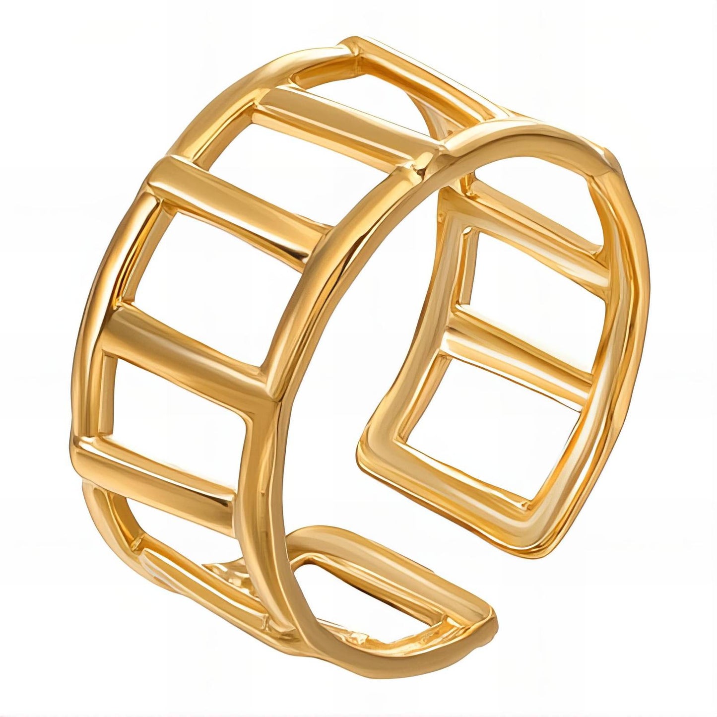 18K Gold-Plated Stainless Steel Grid Cuff Ring