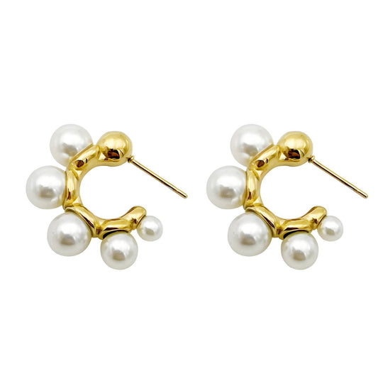 18K Gold-Plated Stainless Steel Elegant Pearl C-Hoop Earrings